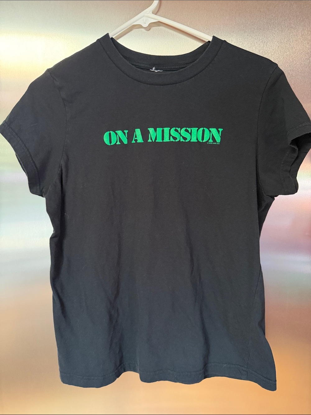 Women's Black Short Sleeve Tee with Green "ON A MISSION" Print